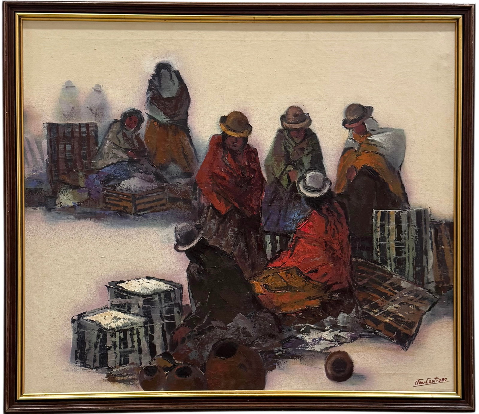 JOSE CASTRO (1947-2012, Bolivia) Figures: Oil on canvas 36 x 30 in. Domestic Flat Shipping Price: $110