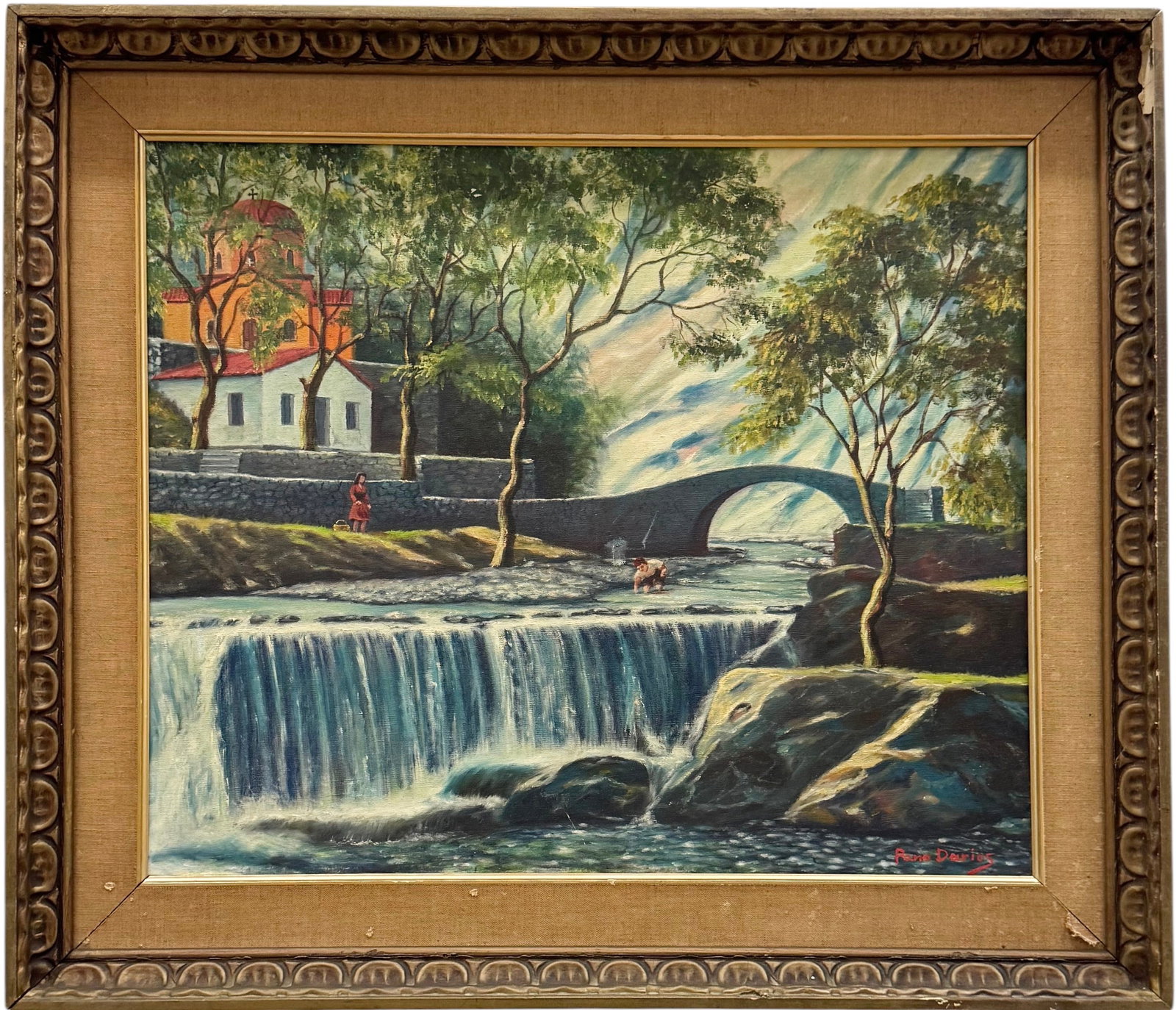 PANO DARIOS Latin American School Landscape With Waterfall: Oil on canvas 30 x 26 in (framed). Domestic Flat Shipping Price: $80