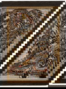 GEORGES EBRIN ADINGRA (1933 - 2005, African) Abstract: Oil on canvas 29 x 20 in, 33.5 x 24.5 in (framed). Domestic Flat Shipping Price: $90. George Ebrin Adingra was born a Prince to the royal family, Adingra. Their ancestral kingdom, from the northeast o