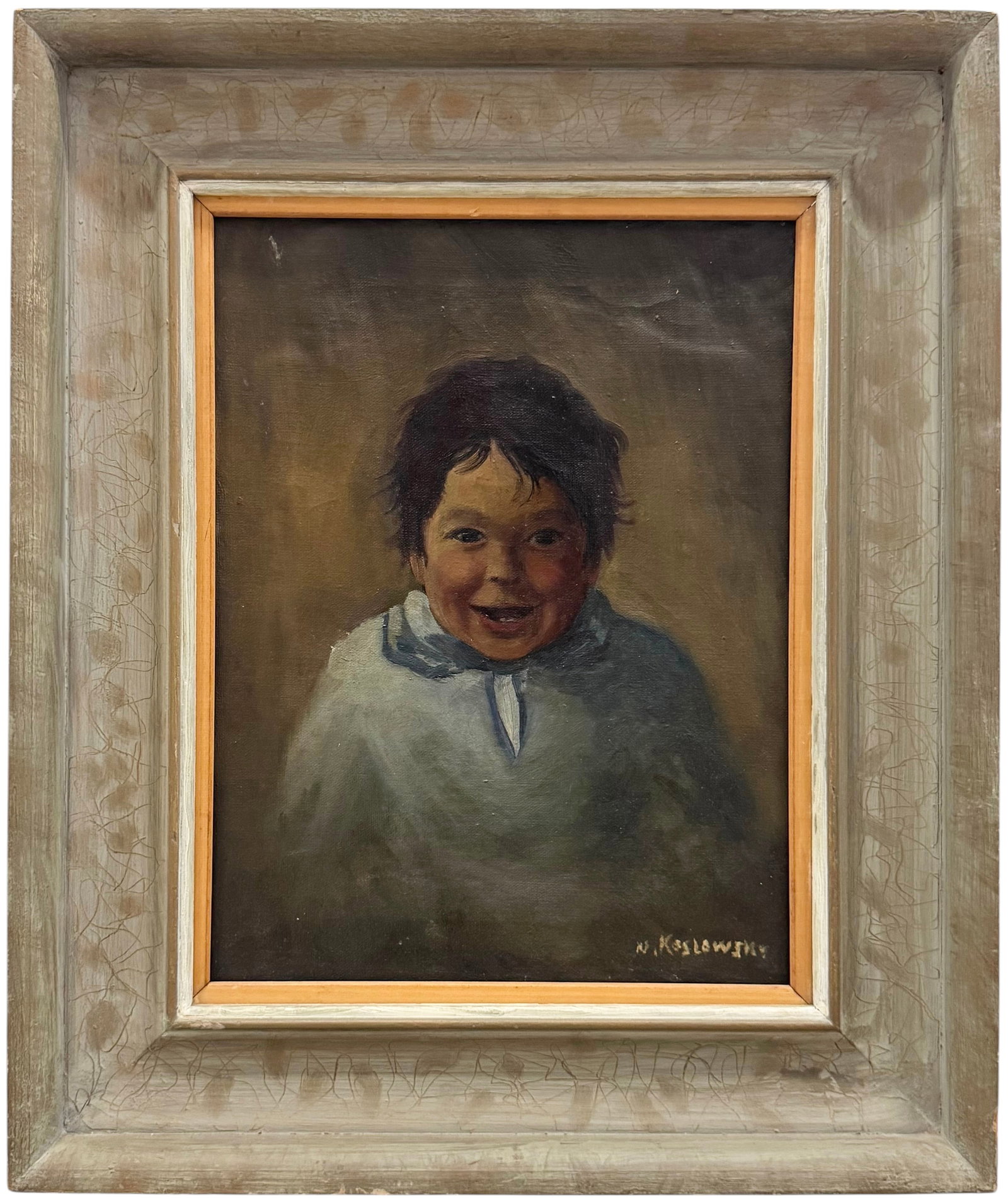 NOTA KOLSLOWSKY Polish American Portrait Of A Child: Oil 17 x 13 in, 24 x 20 in (framed). Domestic Flat Shipping Price: $70