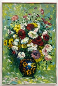 Hungarian School Still Life Of Flowers Heavy Impasto Oil Painting