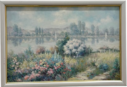 American Impressionist Lake Landscape With Boats Signed Oil Painting