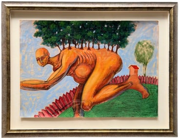 Vintage Surrealist Signed Mixed Media Painting Figure In Landscape