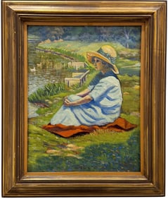 American Impressionist Landscape With Girl Sitting By Lake