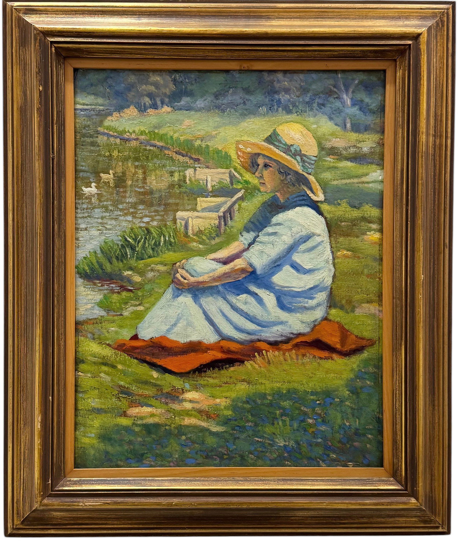 American Impressionist Landscape With Girl Sitting By Lake: Oil on canvas 18 x 14 in, 24.5 x 20.5 in (framed). Domestic Flat Shipping Price: $70