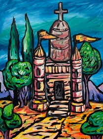 Contemporary Painting Of A Medieval Castle Bright Colors Signed Acrylic On Canvas