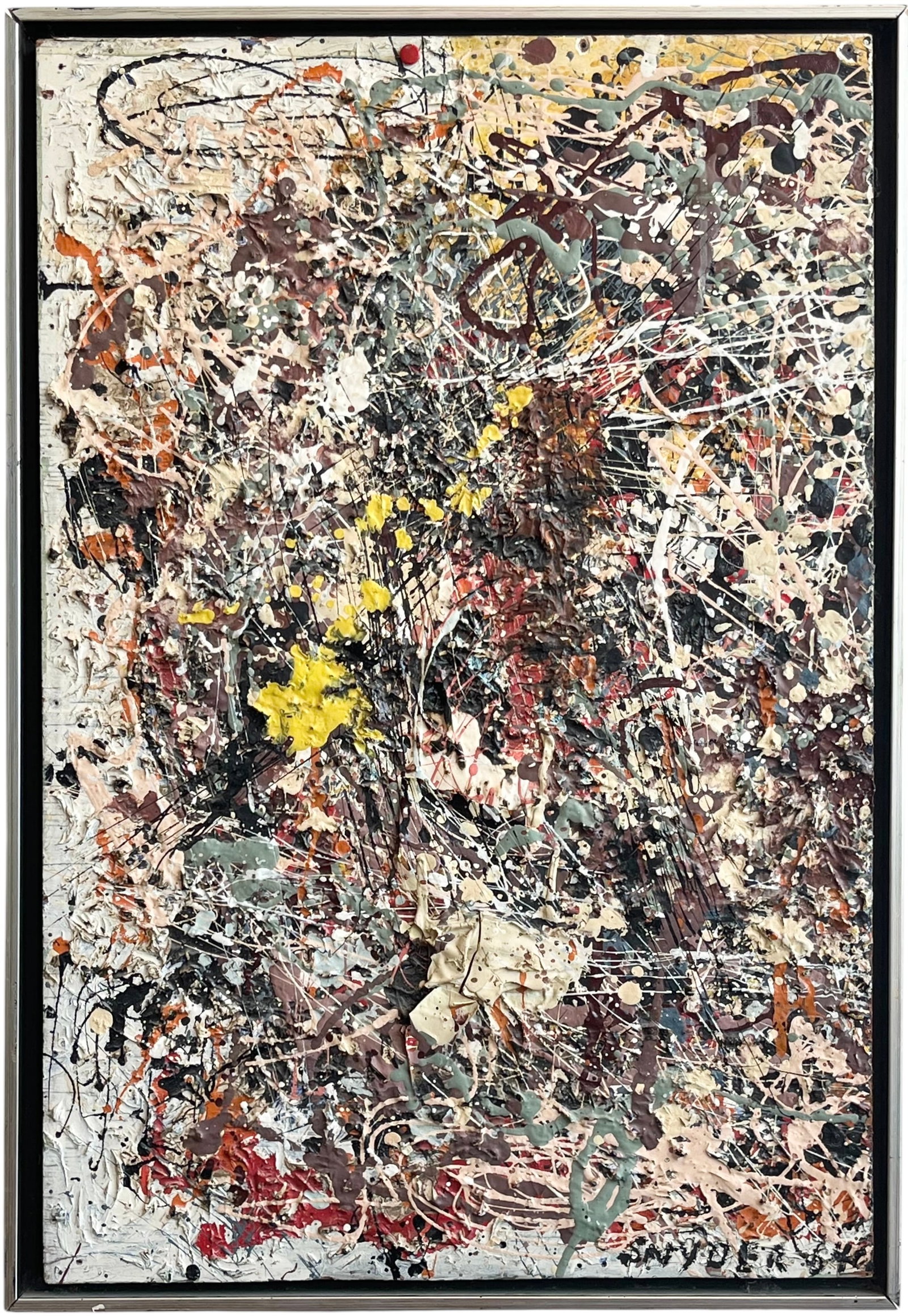 Mid-Century American School Abstract Expressionist Action Splatter Signed Oil Painting: Oil on wood 25 x 17 in.cDomestic Flat Shipping Price: $70. Shipped from and located at our Margate City, NJ gallery
