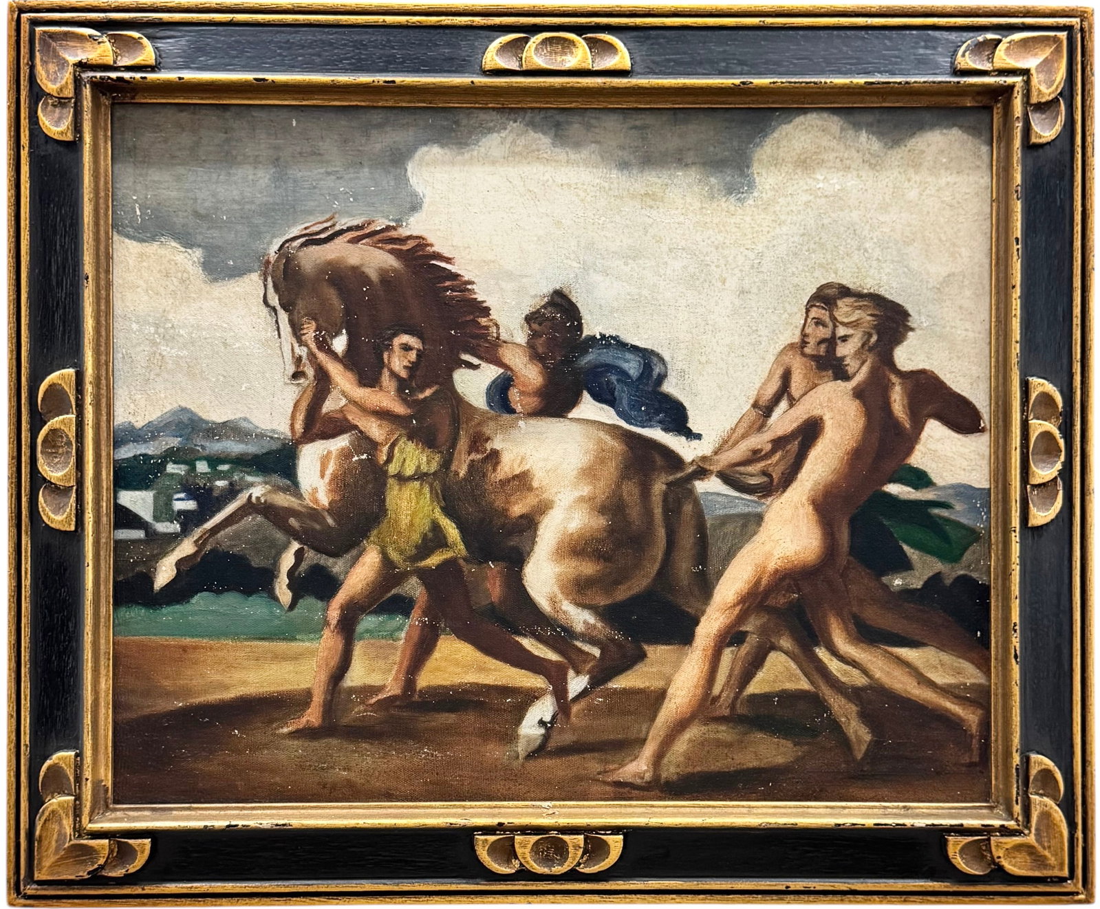 Early 20th Century Modernist Greco Roman Male Soldiers With Horse: Oil on canvas 20 x 16 in, 23.5 x 19.5 in (framed). Domestic Flat Shipping Price: $80