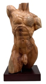 Carved Nude Male Wood Torso Sculpture