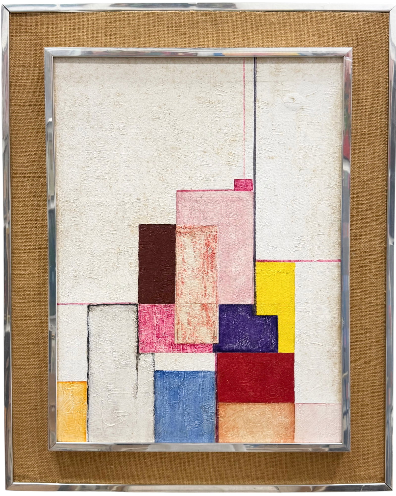 Mid-Century American Modern Minimalist Linear Abstract Oil Painting With Soft Colors: Oil on canvas 24 x 18 in, 31 x 25 in (framed). Domestic Flat Shipping Price: $90