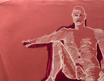 Modernist Vintage Male Nude Pastel Drawing On Colored Paper