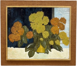 Mid-Century American School Modernist Still Life Of Flowers Signed Oil Painting