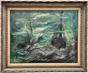 JULES RUBENSTEIN American Modernist Stormy Sea With Ships