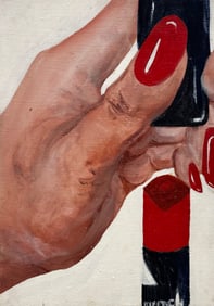 Mid-Century American Pop Art Red Lipstick Red Nails Signed Oil Painting