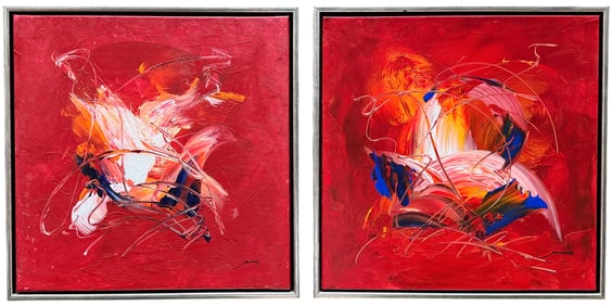 Pair Of Danish Abstract Expressionist Paintings In Matching Floating Frames By Jannic