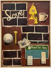 Vintage Trompe L'oeil American Abstract Oil Painting With Big Bird Signed