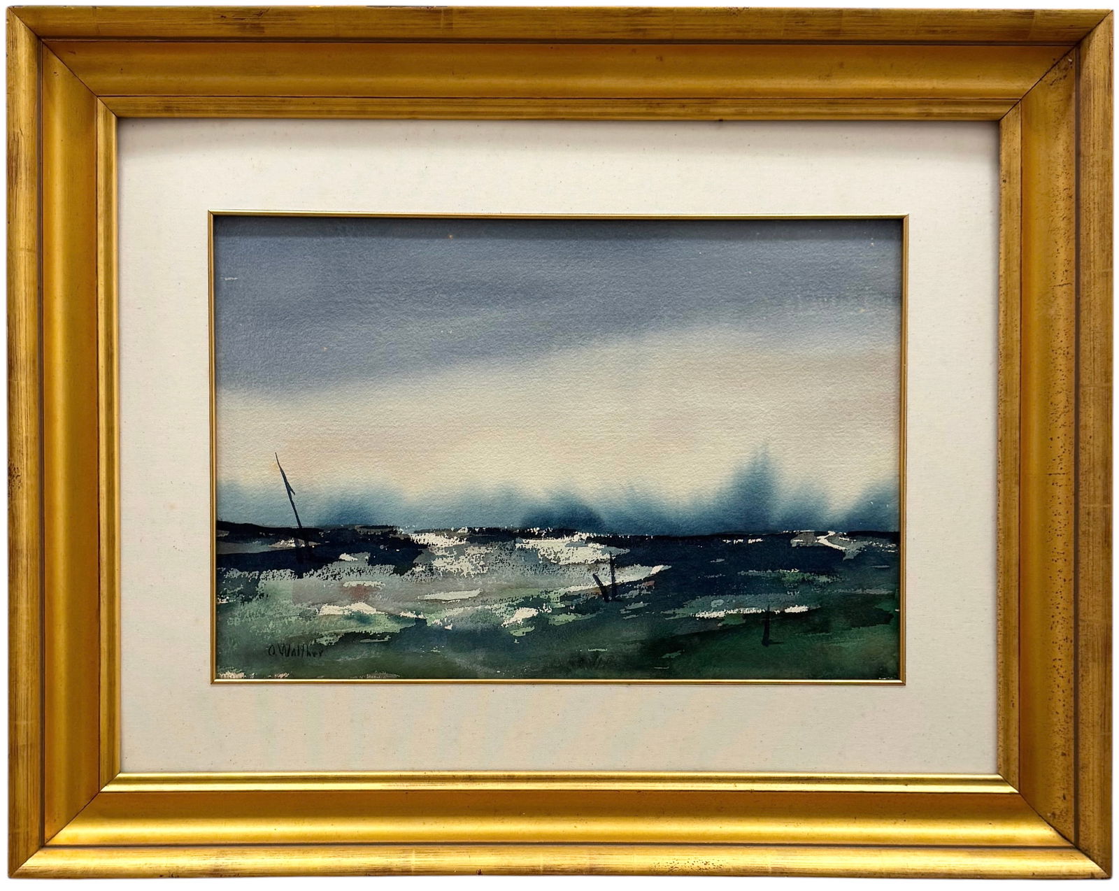 German School Modernist Abstract Landscape Watercolor Signed WALTHER: Watercolor on paper 21 x 14 in (sight), 33 x 26 in (framed). Domestic Flat Shipping Price: $90