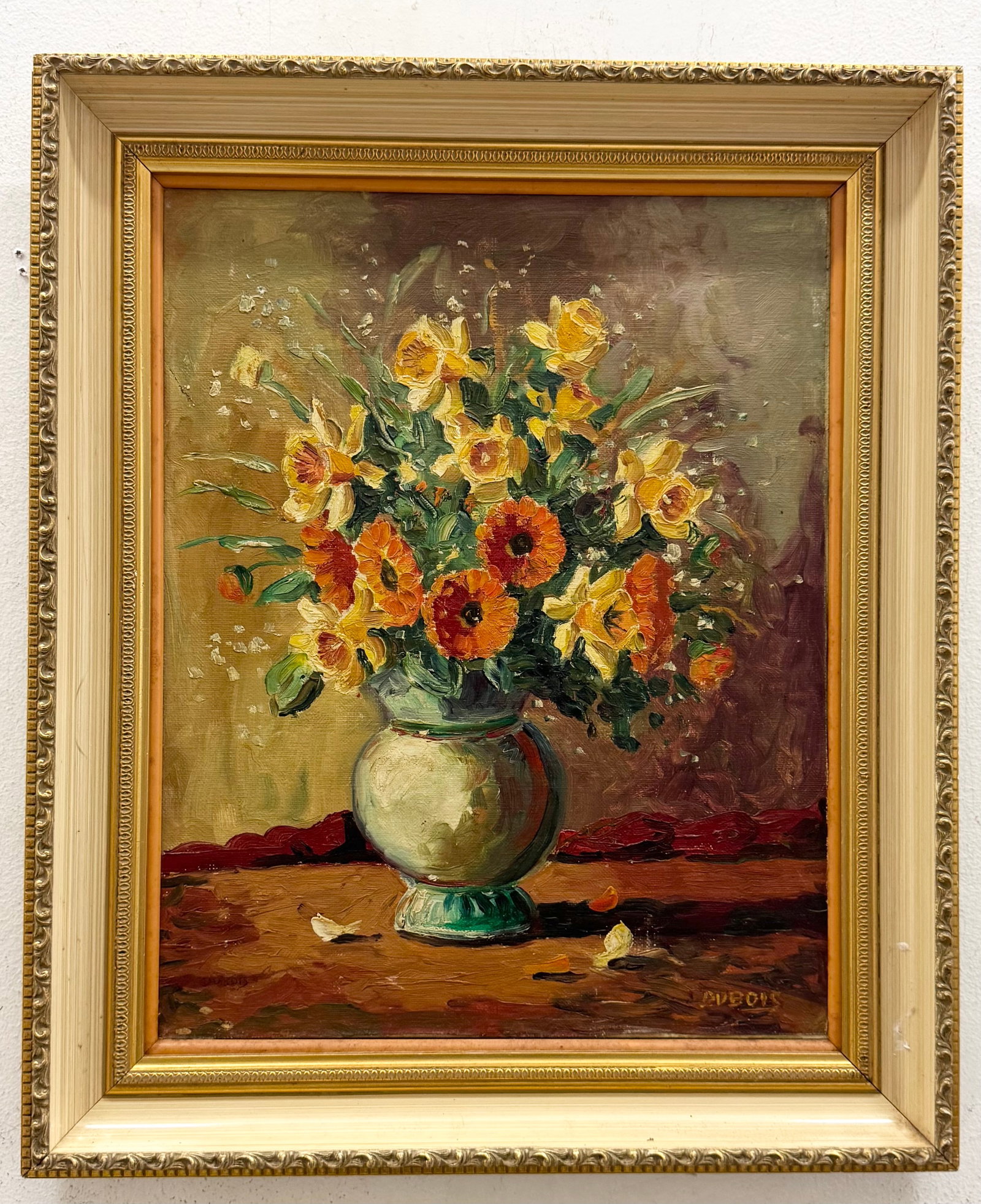 French School Impressionist Still Life Of Flowers Signed Dubois: Oil on canvas 19 x 15 in, 24.5 x 20.5 in (framed). Domestic Flat Shipping Price: $65