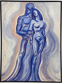 Monumental Vintage 1990's Abstract With Figures Embracing Signed Painting 49"