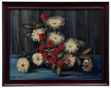 Vintage American School Still Life Of Flowers Signed Oil Painting On Canvas