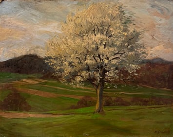 German School Signed Impressionist Landscape Oil Painting On Board