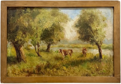 19th Century American Impressionist Landscape With Cows Signed Illegibly