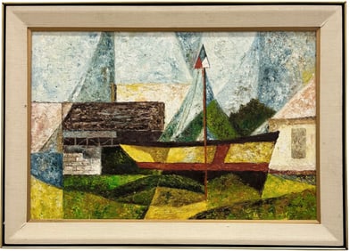 Mid-Century Modern American School Cubist Boatyard Scene Heavy Impasto Oil Signed