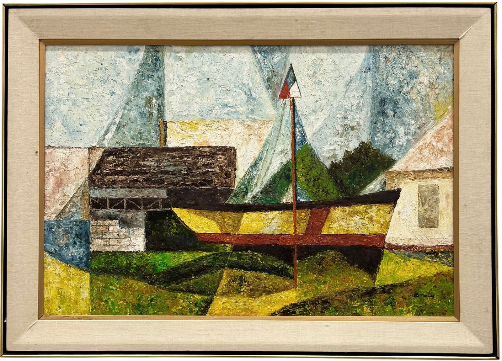 Mid-Century Modern American School Cubist Boatyard Scene Heavy Impasto Oil Signed (1 of 3)
