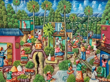 LYONEL ALABY (20th c, Haitian) Large Village Scene