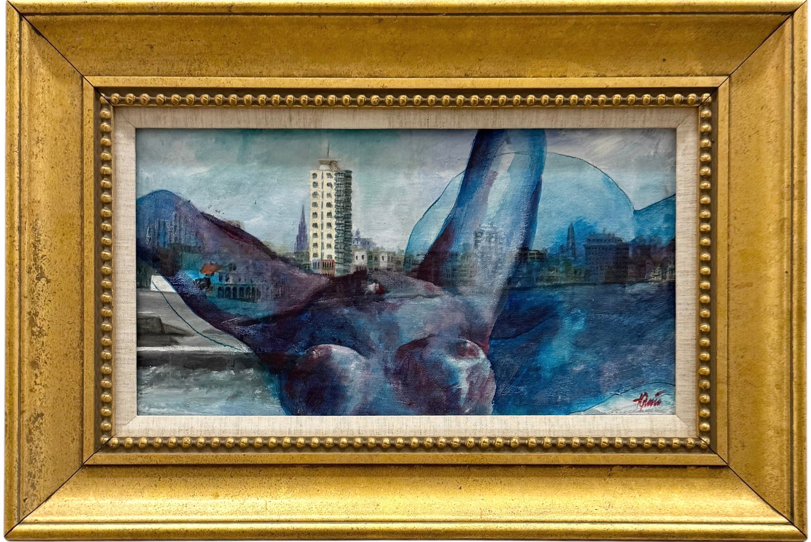 JUAN CARLOS AMADOR (20th c, Puerto Rico) Erotic Surrealist Nude: Acrylic on canvas 16 x 9 in, 23 x 16 in (framed). Domestic Flat Shipping Price: $55