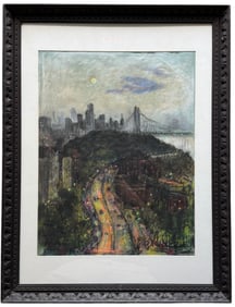 1970's Modernist New York City Moonlit Cityscape Along The Hudson Signed Pastel