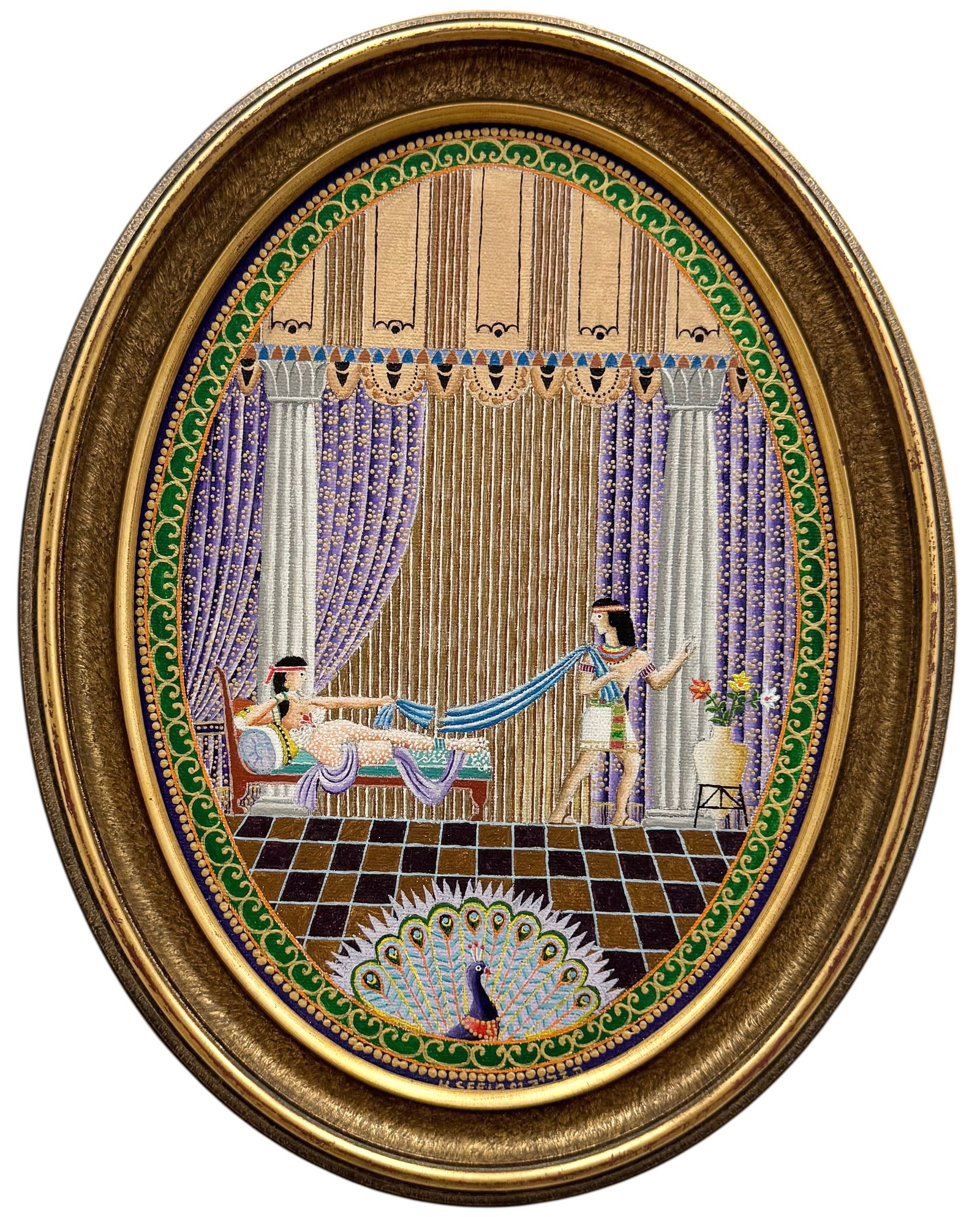 Egyptian Revival Oil Painting In Oval Frame: Oil on canvas 14.5 x 11.5 in (framed). Domestic Flat Shipping Price: $45