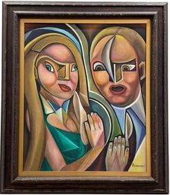 "Los Amates" Cuban School Abstract With Figures Signed Oil Painting On Canvas