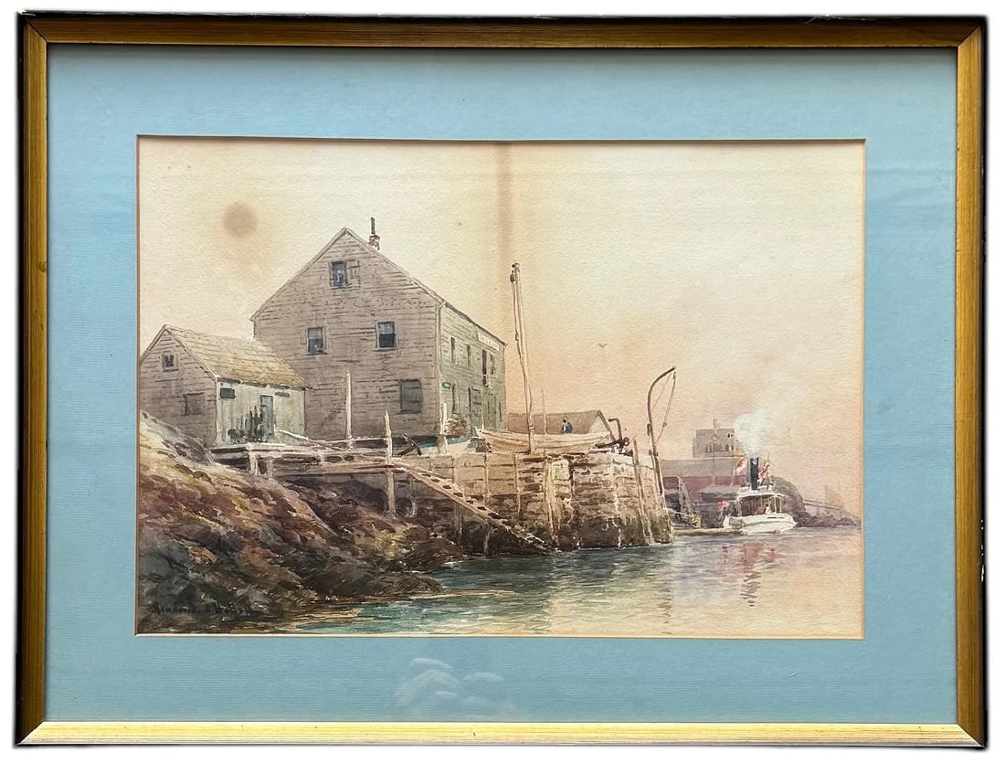 HENDRICKS A HALLET (1847-1921, American) Massachusetts Harbor Scene: Watercolor on paper. Size 18.5 x 12.5 in, 25 x 19 in (framed)