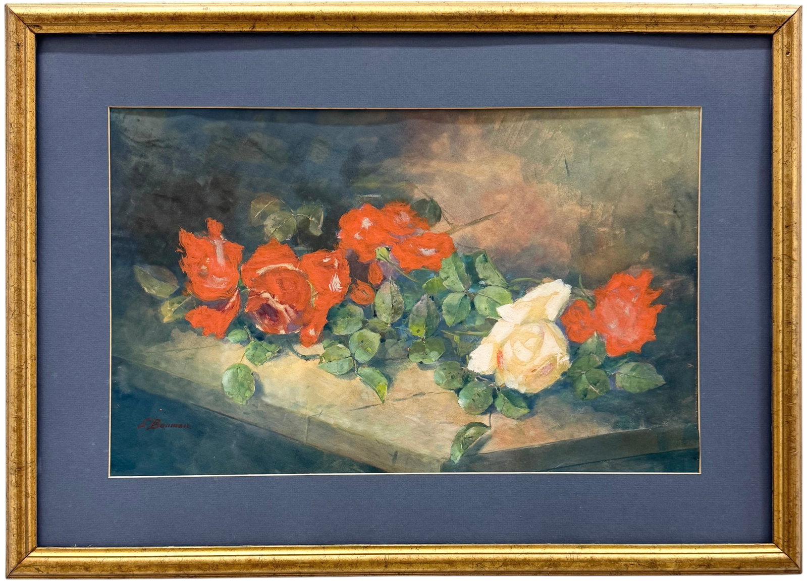 Vintage Signed Watercolor Of Red & White Roses: 29 x 21 in (framed). Domestic Flat Shipping Price: $80