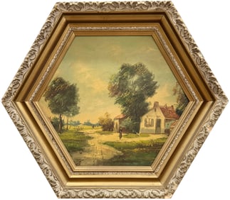 German School Landscape With Figure Oil On Board In Hexagon Frame