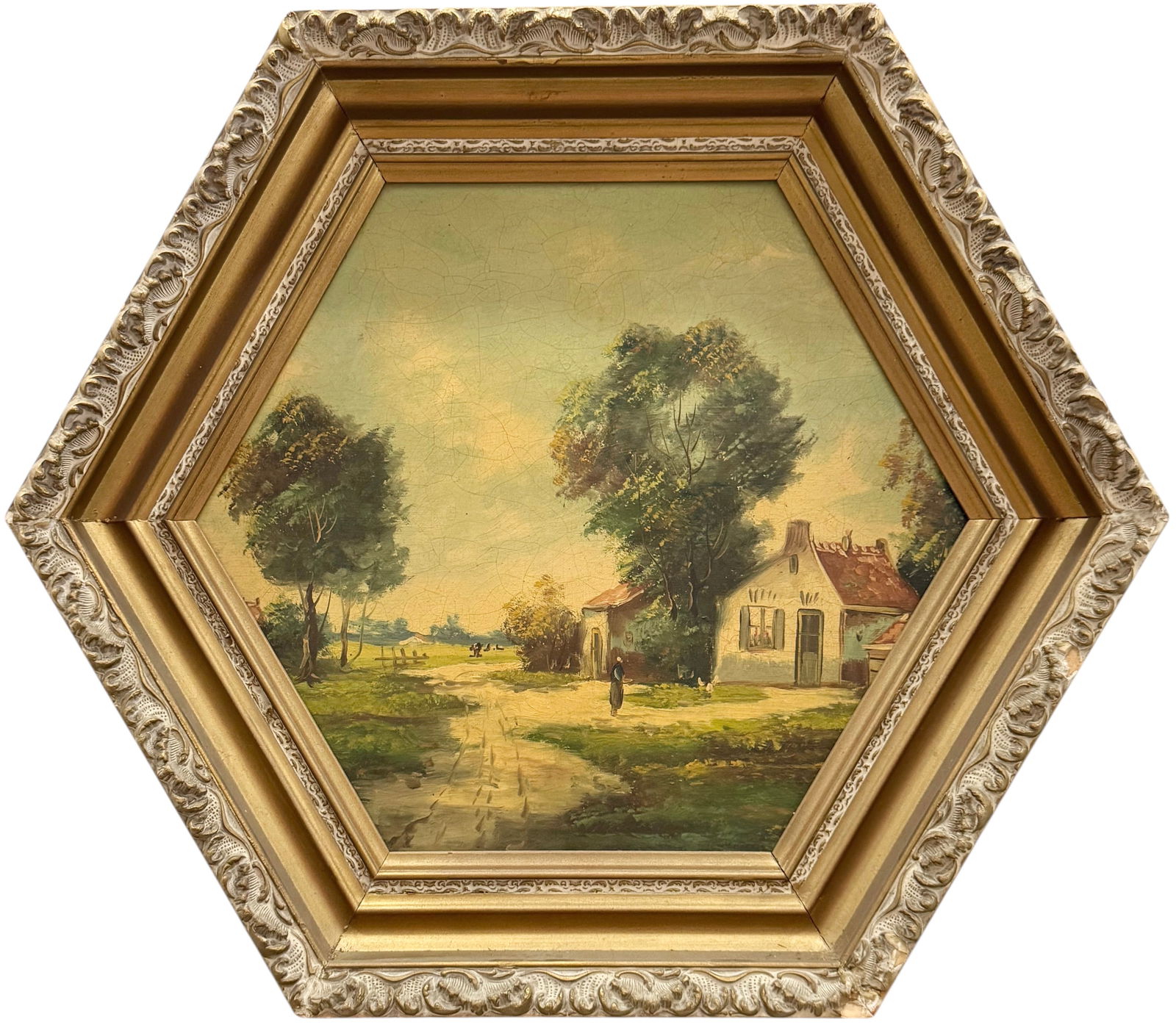 German School Landscape With Figure Oil On Board In Hexagon Frame (1 of 5)