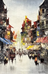 Vintage Signed Hong Kong Street Scene Oil Painting