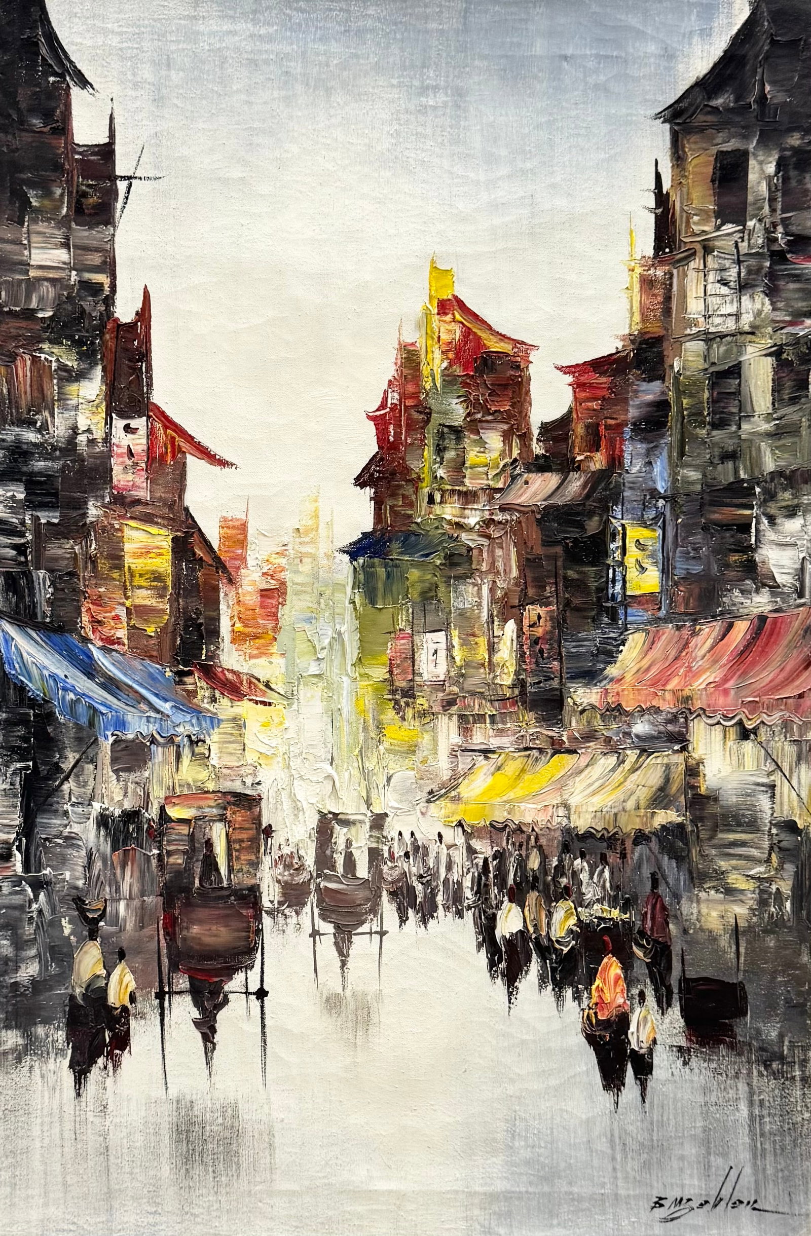 Vintage Signed Hong Kong Street Scene Oil Painting: Oil on canvas 36 x 24 in. Domestic Flat Shipping Price