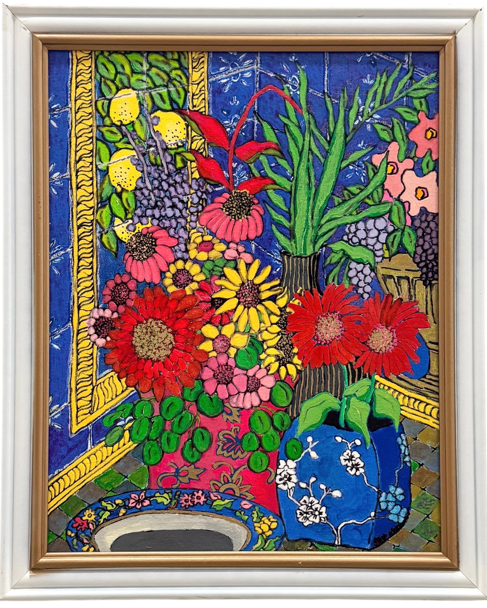 Colorful Floral Still Life Acrylic On Board Signed Painting: Acrylic on board 32.5 x 26.5 in (framed). Domestic Flat Shipping Price: $90