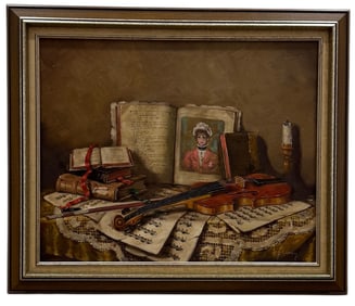 Violin And Musical Notes Signed Still Life Oil Painting