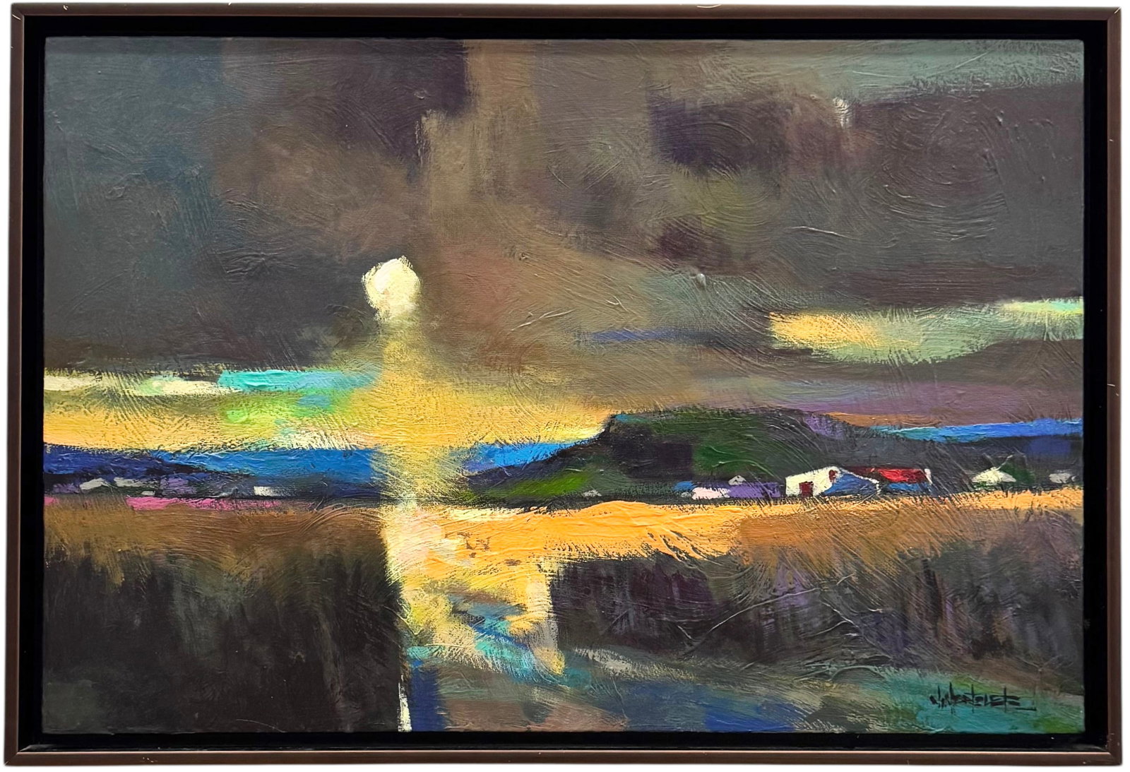 IAN HERSLET (b. 1951, South Africa) Moonlit Landscape: Acrylic on canvas 36 x 24 in, 38 x 26 in (framed). Domestic Flat Shipping Price: $90