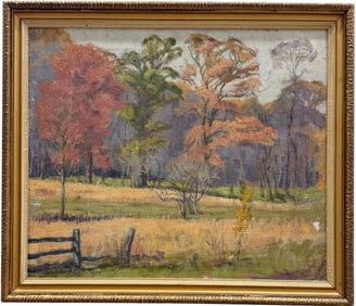 American School Impressionist Autumn Landscape Signed Oil Painting