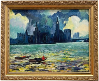 European School Modernist Stormy Cityscape With River Painting