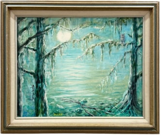 Vintage Moonlit Florida Everglades Landscape With Owl Signed Painting