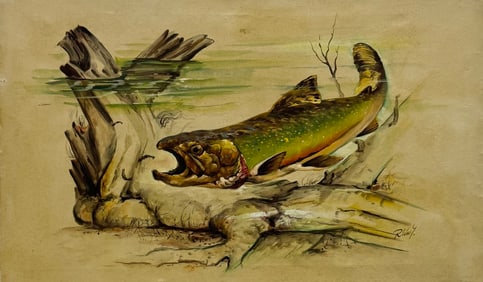 Fishing Sporting Art, Brook Trout, Signed Oil Painting On Canvas