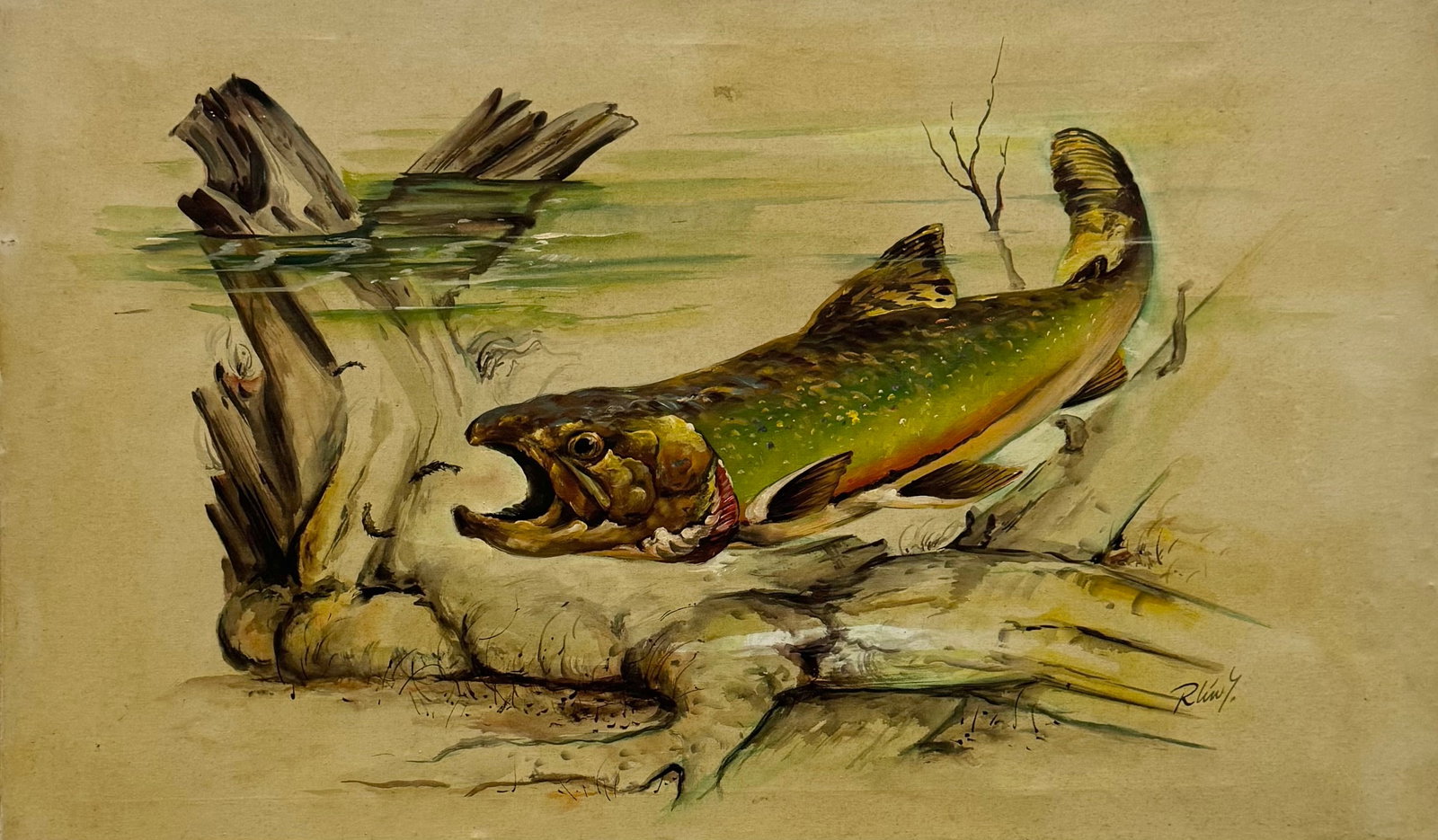 Fishing Sporting Art, Brook Trout, Signed Oil Painting On Canvas: Oil on canvas 39.5 x 24 in. Domestic Flat Shipping Price: $90