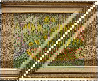 European School Post Impressionist Figure In Floral Landscape Signed Oil Painting