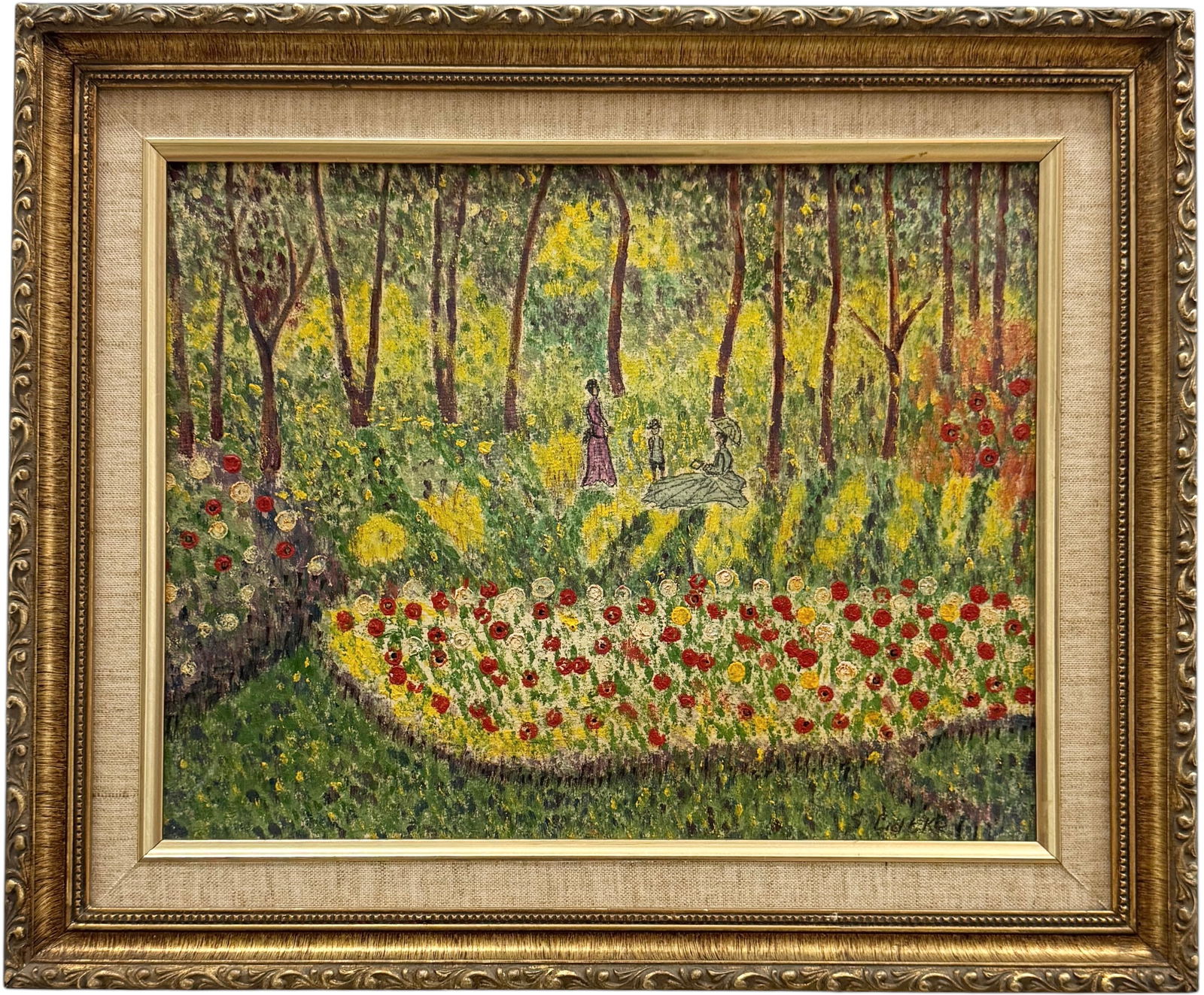 European School Post Impressionist Figure In Floral Landscape Signed Oil Painting (1 of 3)
