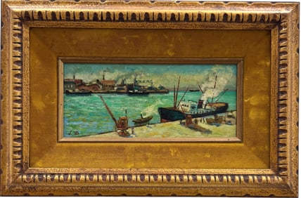 Impressionist Harbor Scene Signed With Monogram Oil Painting On Board